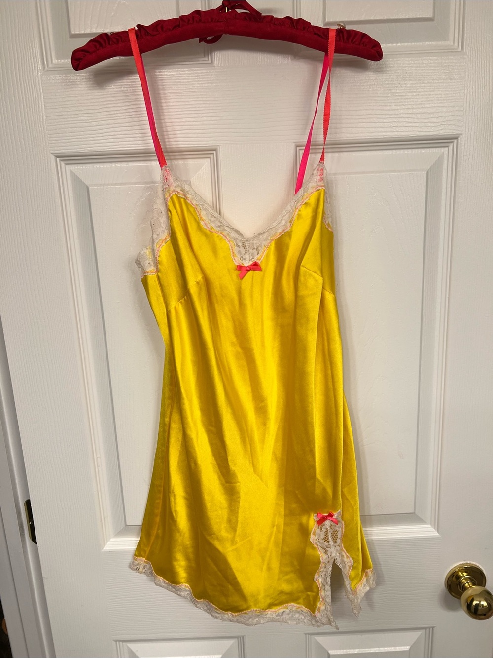 Victoria's Secret Yellow Satin Chemise Lingerie with Pink Straps